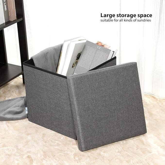 B FSOBEIIALEO Storage Ottoman with Tray, Linen Small Coffee Table Folding Foot Rest Seat Cube, Dark Grey 16"X15.7"x15" Double (2 Pack)