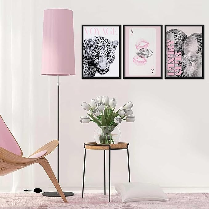 Pink Cheetah Wall Art Set of 3, Y2K Trendy Leopard Canvas Wall Decor Paintings, Preppy Black and White Cheetah Disco Posters Prints Pictures for Girly Room Bedroom Dorm 16x24 Inch Wood Framed