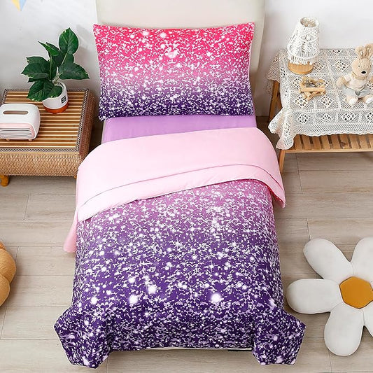 URBONUR 4-Piece Toddler Bedding Set for Girls Pink Purple Princess Toddler Bed in a Bag - 2-6 Year Old - Includes Comforter, Flat Sheet, Fitted Sheet & Pillowcase