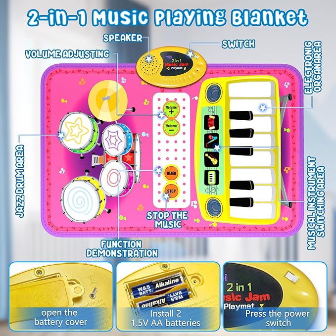 2-in-1 Musical Mat Toys for 1 2 3 4 5 Year Old, Piano Keyboard & Drum Set with 2 Drum Sticks, Early Educational Musical Learning Toys Birthday for 1 2 3 4 5 Year Old Girls & Boys, Pink
