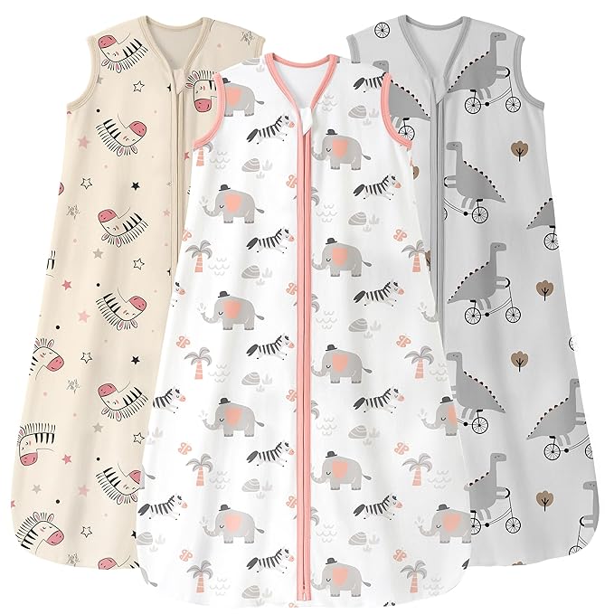 Baby Sleep Sack 18-24 Months 3 Pack 100% Cotton Lightweight 0.5 TOG Wearable Blanket Baby Sleep Bag with 2-Way Zipper for Newborn Infant Pink Apricot Gray Zebra
