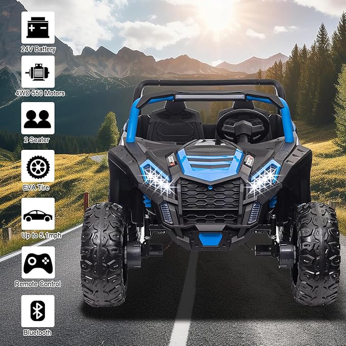 POSATCK 24V Ride On UTV 2024 Kids 2 Seater Electric Vehicle Car with Parents Remote Control for 4 Wheels Drive Kids Battery Powered UTV Electric Car for Girls Boys with EVA Rubber Compound Tires, Blue