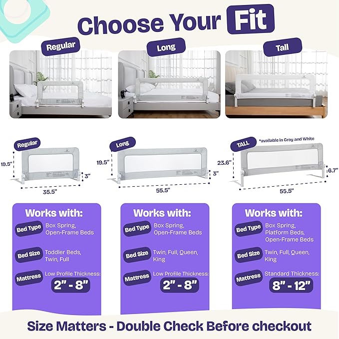ComfyBumpy 1-Pack Bed Rail for Toddlers 55.5" L x 19.5" H | Toddler Bed Rails for Twin, Full, Queen & King Mattress Size | Swing Down Rail Guard | Mattress Side Rail for Kids | Gray