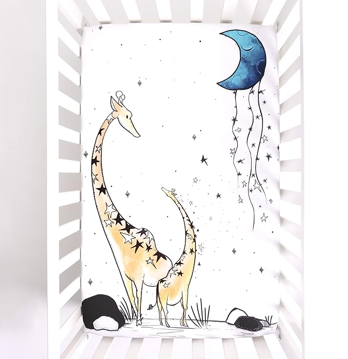 JumpOff Jo – Fitted Mini Crib Sheet (24 x 38 x 5 Inches) - Fits Portable Crib, Playard, and Playpen Mattresses and Mats - Soft 100% Cotton – Giraffe & A Calf