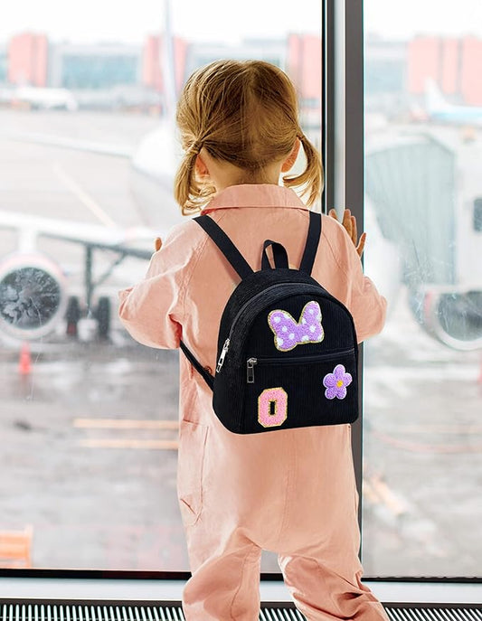 2 3 4 5 6 Year Old Girl Gifts Chenille Initial Mouse Bow Mini Backpack, Corduroy Toddler Backpacks Christmas Birthday Gifts for Girls 2-4 5-6, Black Mini Diaper Bag Must Haves for Park Travel Letter O