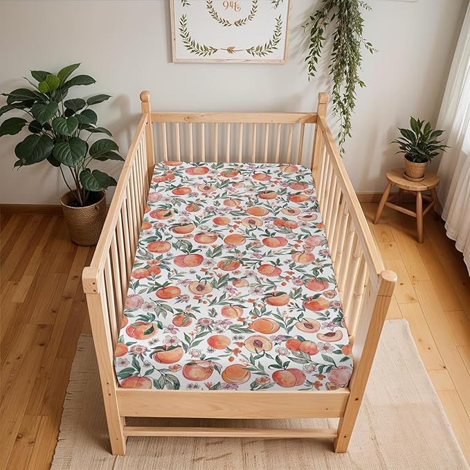 Vintage Peaches Baby Crib Sheets for Boy Girl 52x28Inch Retro Peach Flowers Leaves Soft Snug Fitted Crib Mattress Cover Sweet Spring Summer Fruit Nursery Baby Sheet for Crib & Toddler Bed Mattress