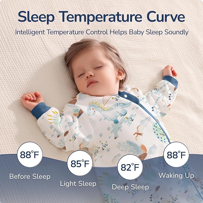 Baby Sleep Sack 12–18 Months, Cotton Sleep Sack with Detachable Long Sleeves, 1.0 TOG Wearable Blanket for Cooler Nights, 2-Way Zipper Toddler Sleeping Sack with Temperature Strip, Dinosaur