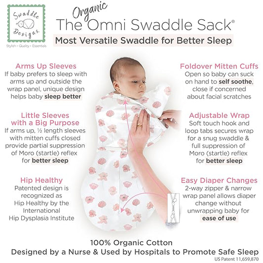 SwaddleDesigns Organic 6-Way Omni Swaddle Sack Arms Up Swaddle for Newborn, More Options to Calm Startle Reflex, Improves Sleep, 12-18 lbs, Watercolor Peach Blush Poppies