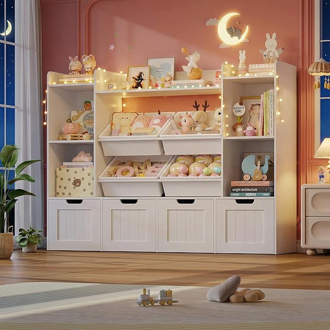 LULUBEAR Toy Storage Organizer, Toy Organizer with 4 Movable Drawers and 4 Box Bins, Kids Playroom Storage Organization with Hidden Wheels for Living Room, Kids Room