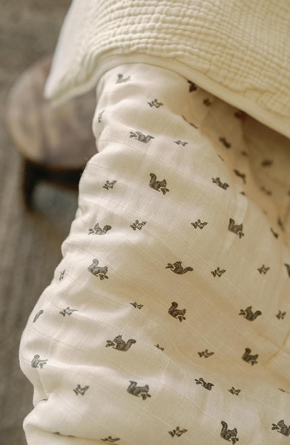 Oilo 100% Organic Premium Cotton Muslin Crib Quilt & Sham Set, (45" x 60") Print and Solid Sides, Extra-Soft & Lightweight, Fits Toddler Beds, Heirloom Organic Collection, Squirrel