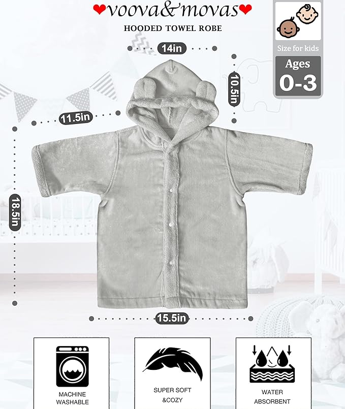 VOOVA & MOVAS Baby Hooded Bath Towel with Bear Ear (0-3Years) 100% Cotton Soft Absorbent Skin-Friendly Bath Pool Beach Towel Robe for Newborns & Infants - Perfect Set,Gray