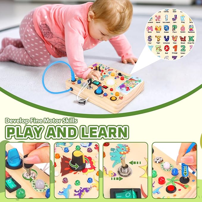 Busy Board for Toddlers - Montessori Educational Toy for 1-3 Year Old Boys & Girls | Travel-Friendly Sensory Learning Activity | Ideal for Kids with Autism(Dinosaur Busy Board)