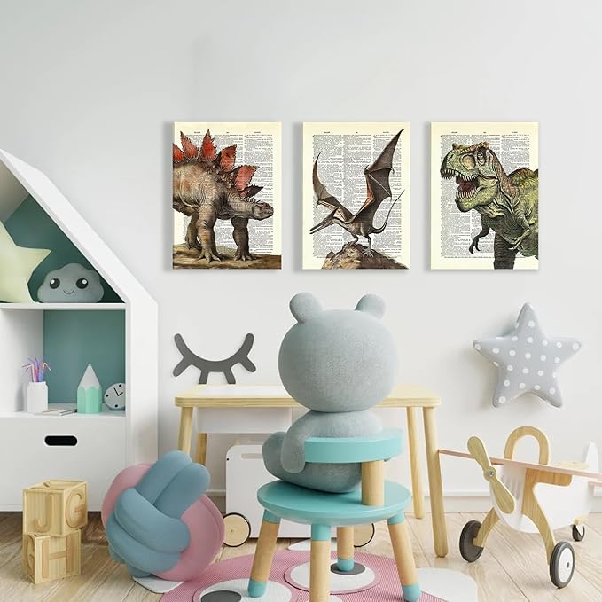 Ovczax 3 Pieces Canvas Wall Art - Dinosaur Room Decor For Boys Decor For Boys Room, Dinosaur Poster 24" X 16"