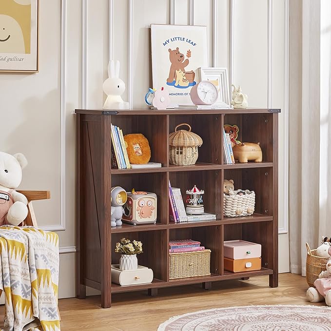 Joaxswe 9 Cube Bookcase, Farmhouse 47 Inch Wide Brown Walnut Bookshelf, Wooden 3 Tier Display Large Open Book Shelf, Vintage Horizontal Book Case for Home Office, Cubby Storage Cabinet for Living Room