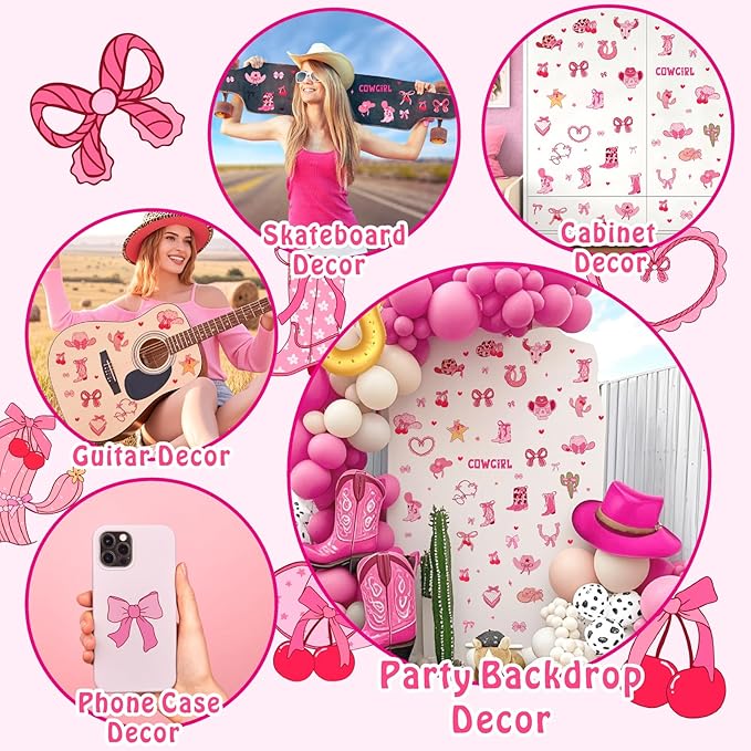 Cowgirl Stickers for Wall Cowgirl Balloon Arch Decoration Vinyl Decals Pink Girls Room Wall Decal Peel and Stick Western Hat Boot Sticker Retro Cherry Bow Art Murals for Kids Bedroom Farmhouse Gifts