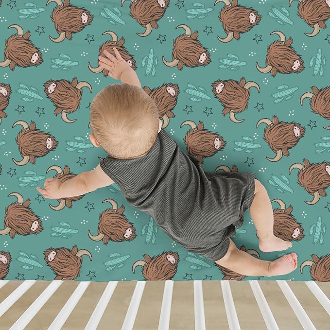 Western Highland Cows Baby Crib Sheets for Boy Girl 28"x52" Boho Cows Green Cactus Stars Soft Snug Fitted Crib Mattress Cover Highland Yak Cattle Baby Sheet for Standard Crib & Toddler Bed Mattress