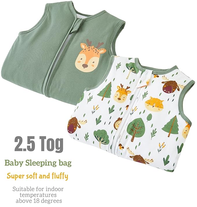 Toddler Sleep Sack with Feet 6-18 Months, 2.5 TOG Cotton Baby Wearable Blanket with Legs, Winter Sleep Bag Walker with 2-Way Zipper, Forest Animals+Green