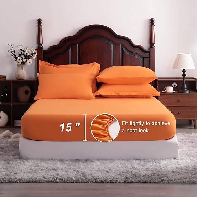 NTBAY Queen Comforter Set with Sheets, 7 Pieces Soft and Breathable Queen Bedding Set, Bed in a Bag, Down Alternative Comforter Set Solid Color All Season, Queen Bedding Set, Orange