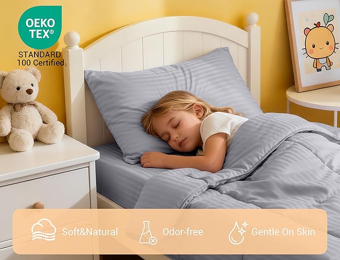 ZPECC Toddler Bedding Set - 4 Piece Hypoallergenic Baby Crib Bedding Set for Boys and Girls, Includes Toddler Comforter, Flat Sheet, Fitted Sheet and Pillowcase, Grey Stripe