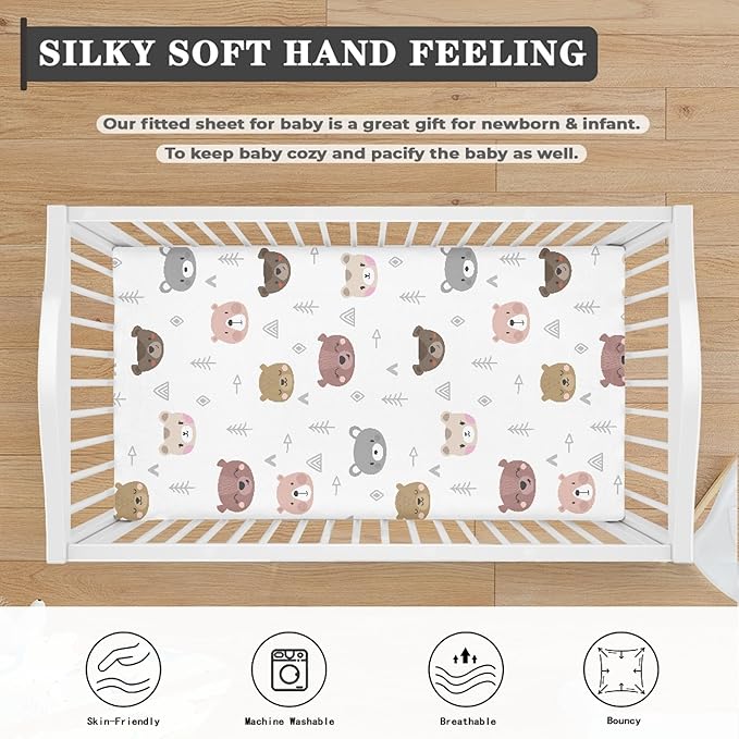 Cartoon Bears Print Fitted Crib Sheet Bears Baby Crib Sheet Fit Standard Crib and Toddler Mattress,Crib Mattress Sheets for Boys Girls 28"x52"