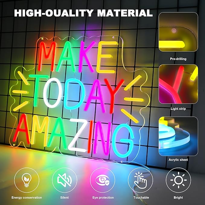 Enuoli Make Today Amazing Neon Sign Wall Decor Letter LED Neon Lights Light Up Signs For Kids Room Dimmable Positive Affirmation LED Neon Light Sign Home Business Wall Art Decor