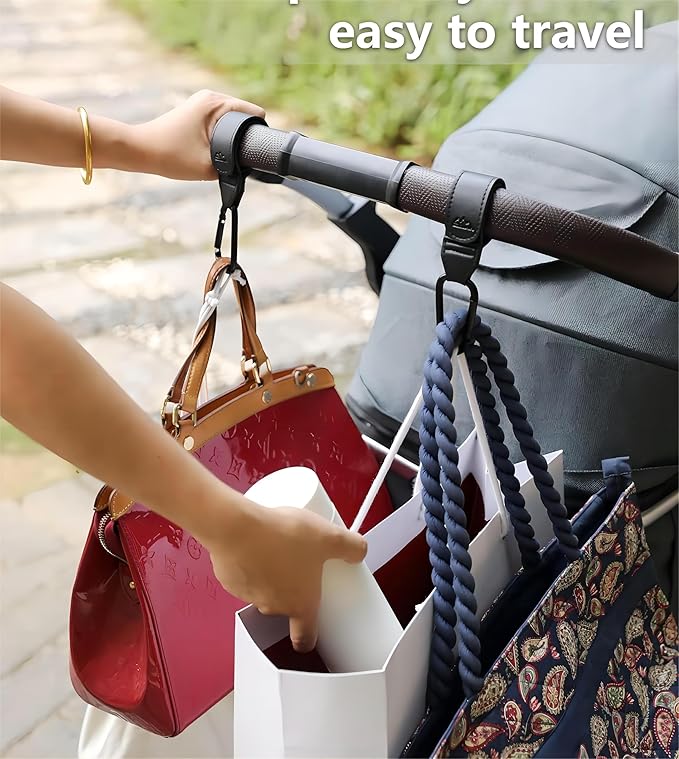 Baby Stroller Hooks Bag Hooks for Hanging Diaper Bags Multipurpose Hooks for Grocery Shopping Bags Premium Vegan Leather Pram Straps 2 Pcs (Black-3)