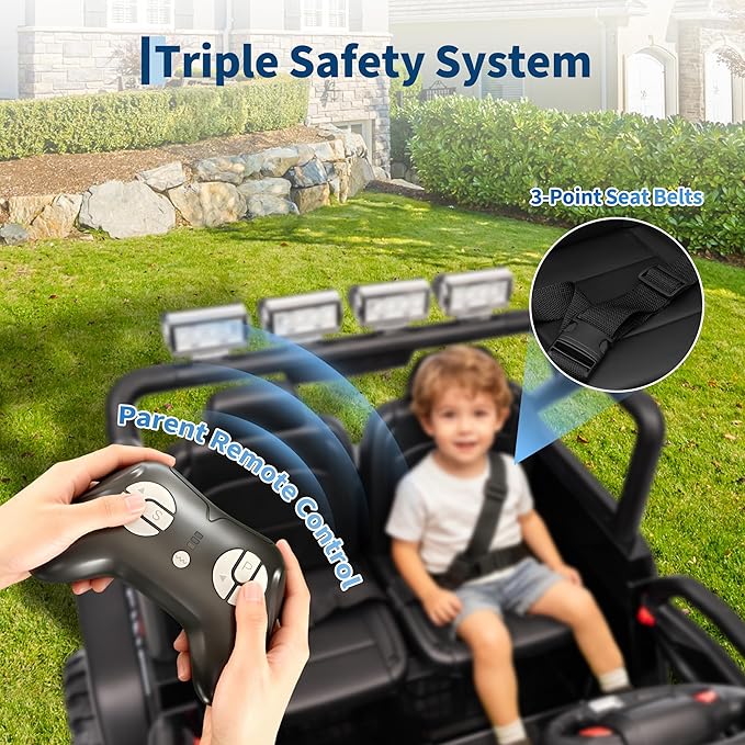 24V 2-Seater Kids Electric Truck with Parent Remote Control, 100Min Ride-on Car, 4WD Dual Motor, 2 Speeds, Spring Shock Absorber, LED Headlights, Siblings Gift Kids Electric Vehicle, Black