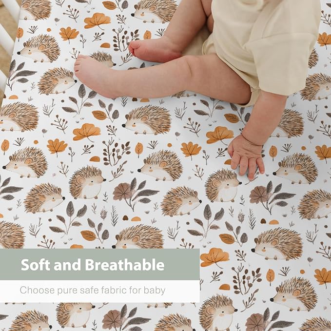 Watercolor Hedgehog Leaves Baby Crib Sheets for Boy Girl 52x28Inch Cute Hedgehogs Soft Stretchy Fitted Crib Mattress Cover Animals Baby Sheet for Standard Crib and Toddler Mattresses