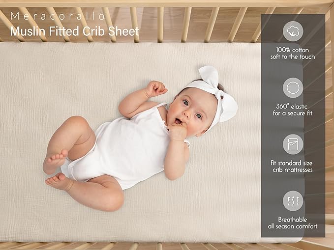Meracorallo Muslin Crib Sheet, 100% Cotton Fitted Crib Sheet 28x52 Soft and Breathable Baby Boys Girls Cover for Standard Crib and Toddler Mattresses, Beige