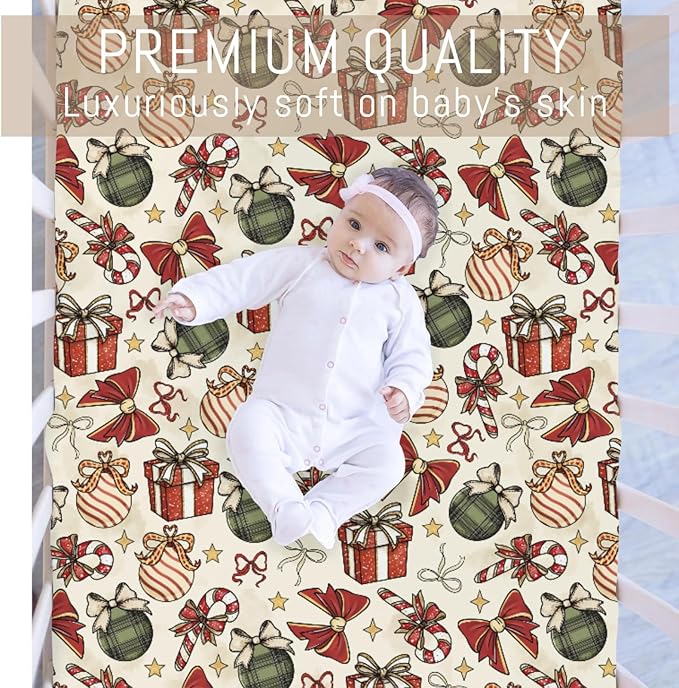 Vintage Christmas Baby Crib Sheets for Boy Girl Cute Christmas Bows Gift Balls Candy Glitter Soft Snug Fitted Crib Mattress Covers for 52x28 Standard Crib & Toddler Mattress Winter Holiday Bed Sheet