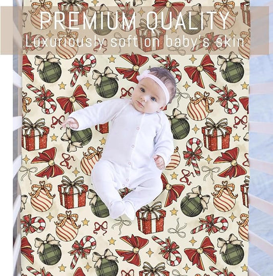 Vintage Christmas Baby Crib Sheets for Boy Girl Cute Christmas Bows Gift Balls Candy Glitter Soft Snug Fitted Crib Mattress Covers for 52x28 Standard Crib & Toddler Mattress Winter Holiday Bed Sheet