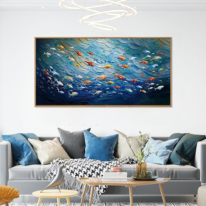 CHDITB Ocean Fish Sea Framed Canvas Wall Art, 20"X40" Large Under The Sea Fishes Oil Painting, Modren Navy Blue Marine Fish Wall Decor, Colorful Fishes Artwork for Living Room Bedroom Office Modern Home Decor