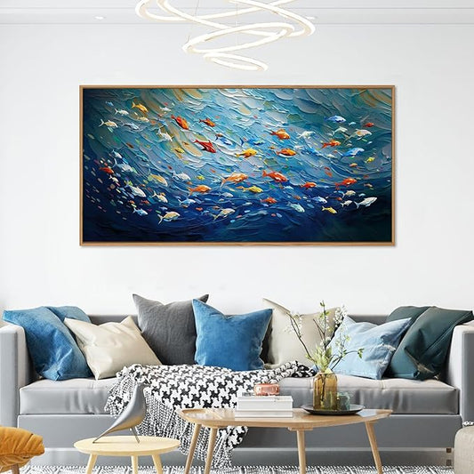CHDITB Ocean Fish Sea Framed Canvas Wall Art, 20"X40" Large Under The Sea Fishes Oil Painting, Modren Navy Blue Marine Fish Wall Decor, Colorful Fishes Artwork for Living Room Bedroom Office Modern Home Decor