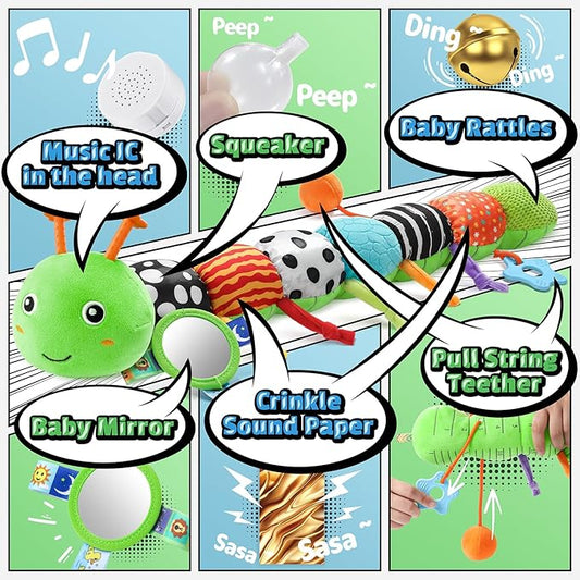 LIGHTDESIRE Baby Toys Musical Caterpillar,Infant Toys 3 6 12 Months Sensory Toy with Ruler Design,Mirror,Pull String,Crinkle&Ring Bell,Baby Teething Toy for Tummy Time Boy Girl Gifts (Lime Green)
