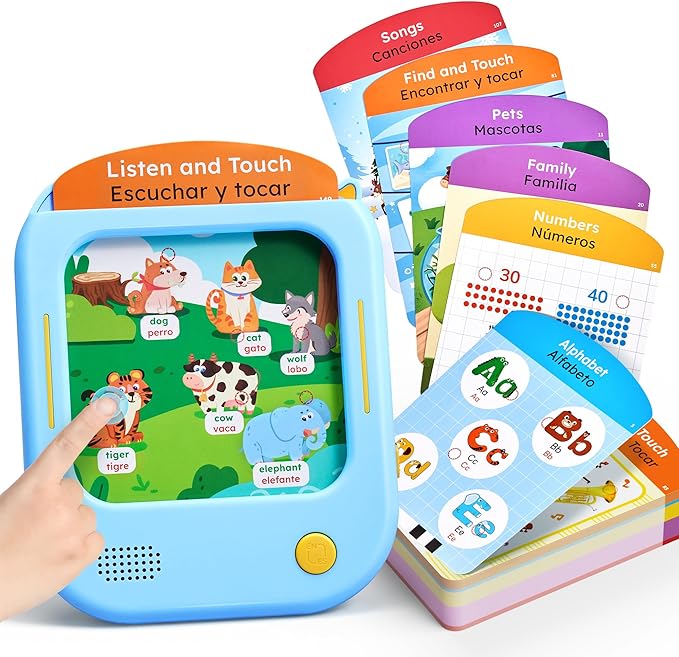JoyCat Bilingual Kids Learning Tablet, 106 Pages Talking Cards with 20 Interactive Games, Montessori Toy for Alphabet, Words, Simple Math, Colors & Songs, Toddler Learning Toys for 2-6 Year Old Gifts