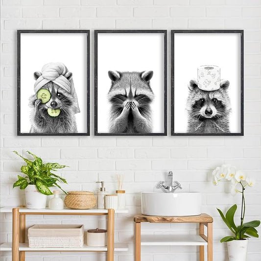 Funny Raccoon Bathroom Wall Decor Art 24x16 Inch Set of 3 Fun Bathroom Modern above the Bathtub Sign Rustic Restroom Farmhouse Cute Washroom Animal Prints Wood Framed Wall Hanging (Black)