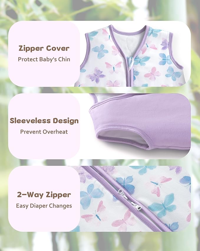 Rayon Made from Bamboo Baby Sleep Sack 12-18 Months, 1.0 Tog Baby Wearable Blanket, Soft Sleeping Bag for Infant Toddler Babies with 2-Way Zipper 2 Pack (Large) Purple Butterfly
