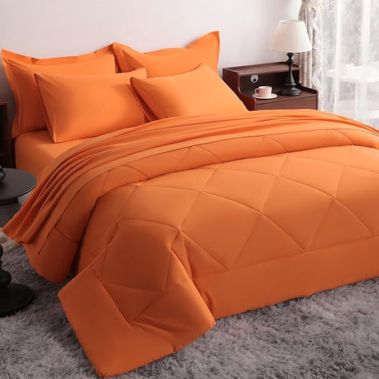 NTBAY Queen Comforter Set with Sheets, 7 Pieces Soft and Breathable Queen Bedding Set, Bed in a Bag, Down Alternative Comforter Set Solid Color All Season, Queen Bedding Set, Orange