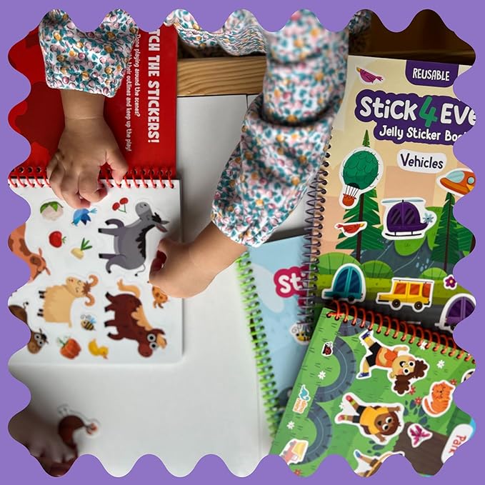 Stick4Ever Jelly Sticker Book - for Kids - Waterproof, Easy to Clean Reusable Sticker Book for Toddlers- Reusable Road Trip Activities for Kids - Stocking Stuffers for Toddlers (Vehicles)
