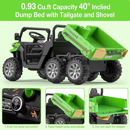 2-Seater Kids Ride On Dump Truck, 75W Electric Ride On UTV Toys with Remote Control, Dump Bed, PP Tire x 6, LED Light & Music, 24V 4WD Power Ride On Truck Car for Boys Girls (Green)