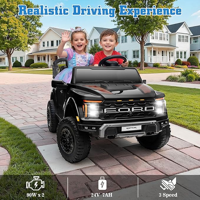 Licensed Ford F-150 Raptor 2 Seater Electric Car, 24V Ride on Car for Big Kids with Remote Control, Toddler Car w/4 Wheels Suspension, LED Lights, Bluetooth, Soft Start Function (24V, Black)