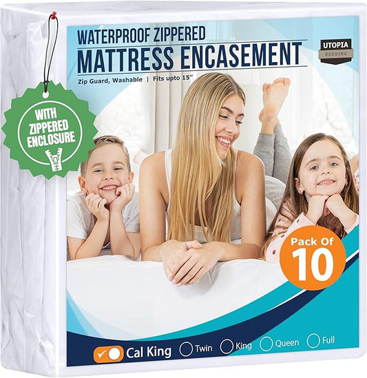 Utopia Bedding California King Mattress Protector Zippered (Pack of 10), 100% Waterproof Bed Bug and Dust Mite Proof Mattress Encasement, Absorbent 6 Sided Mattress Cover
