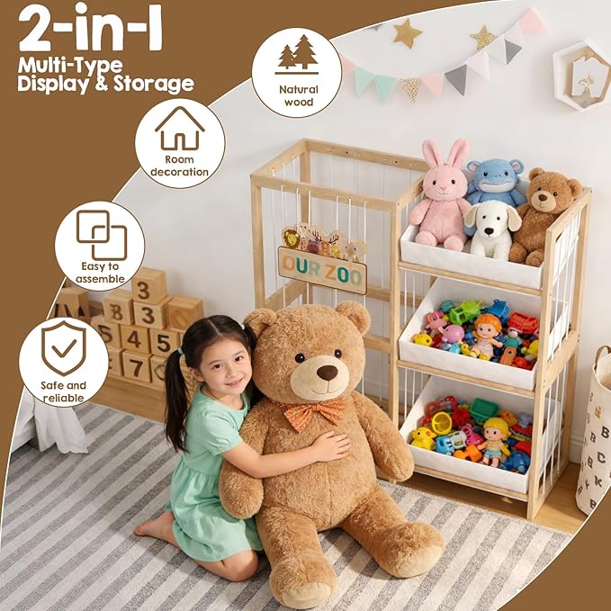 DEMEGA Wooden Toy Storage Organizer with Elastic Bands, Easy to Assemble and Use, Large Capacity Toy Bin Organizer for Nursery Playroom Bedroom, Adorable and Practical Design