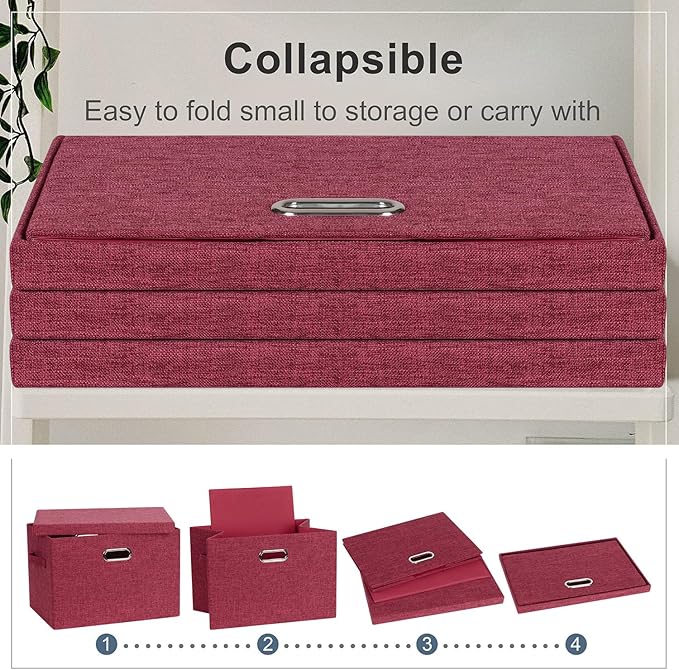 Graciadeco Large 17" 36 Quart Collapsible Stackable Storage Bins with Lids, 3 Packs Bright Red Linen Fabric Closet Boxes with Lids, Storage Cube Baskets Container Organizers for Office (17x12x11)