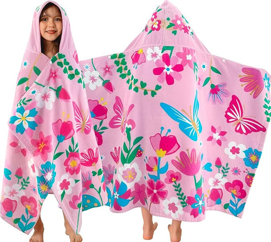 VOOVA & MOVAS Todder Beach Towel with Hood, (3-8 Years, 30''X50),Absorbent 100% Cotton Towel Wrap for Boys, Perfect for Toddler Beach, Pool, Bath, Swimming, Flower Butterfly