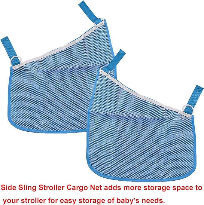 Anglepingping 2 Pack Universal Side Sling Stroller Cargo Net, Non-Slip and Adjustable Straps Storage Mesh Bag,Portable Mesh Storage Organizer (Blue)