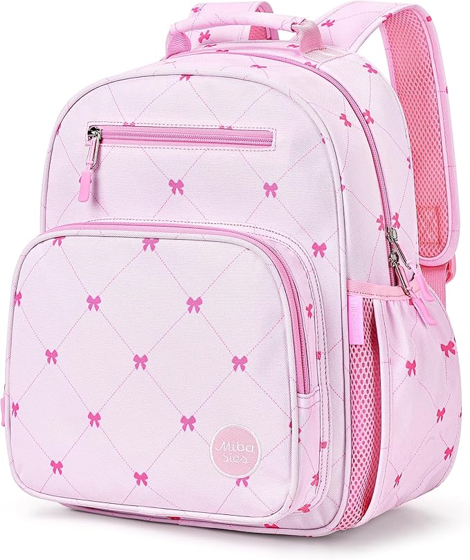 mibasies Girls Backpack 5-8: Lightweight Kids Backpacks for Girls - Girl Bookbag for Elementary School - Diamond-shaped Bow Pink