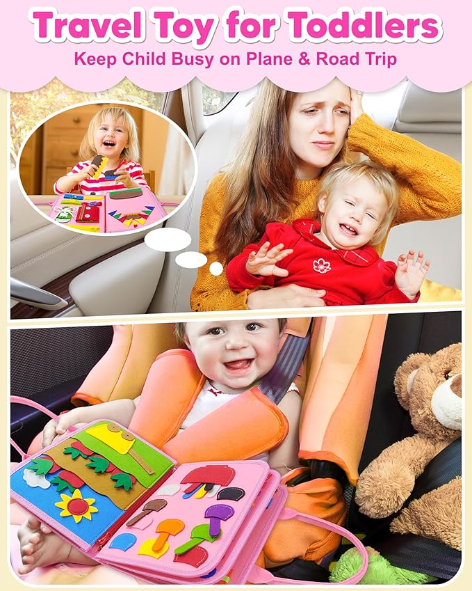 Exorany Busy Board Montessori Toys for Toddler Girl Birthday Gifts, Busy Book Sensory Learning Toys for Toddlers, Toddler Girl Airplane Car Travel Toy Educational Activities