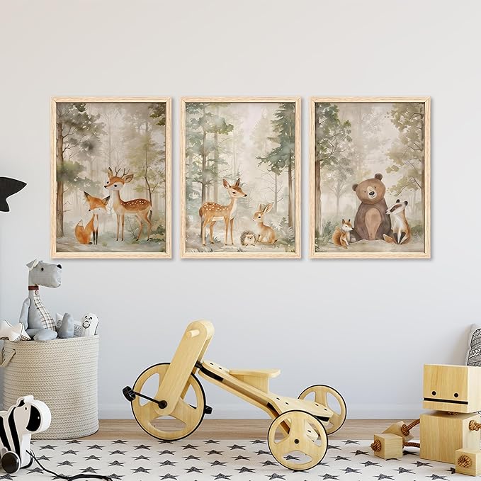 ICHZUMW Woodland Nursery Decor Wall Art Set of 3, Cute Forest Friend Animal Canvas Prints Bear Fox Deer Pictures, Nature Watercolor Paintings, Baby Room Kids Bedroom Playroom, Neutral Artwork 12x16in