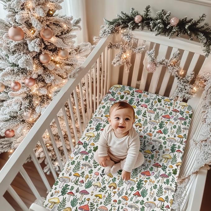 Colorful Mushrooms Green Leaves Baby Crib Sheets for Boy Girl 28"x52" Fall Mushroom Soft Stretchy Fitted Crib Mattress Cover Autumn Baby Sheet for Standard Crib & Toddler Mattress Pad